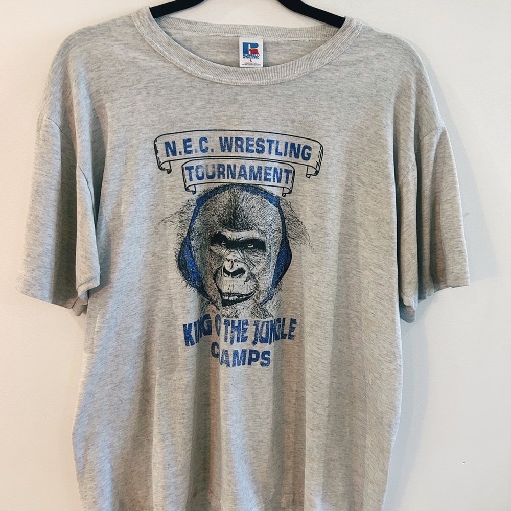 Russell Athletic Gray Tee with Blue Gorilla Wrestling Graphic